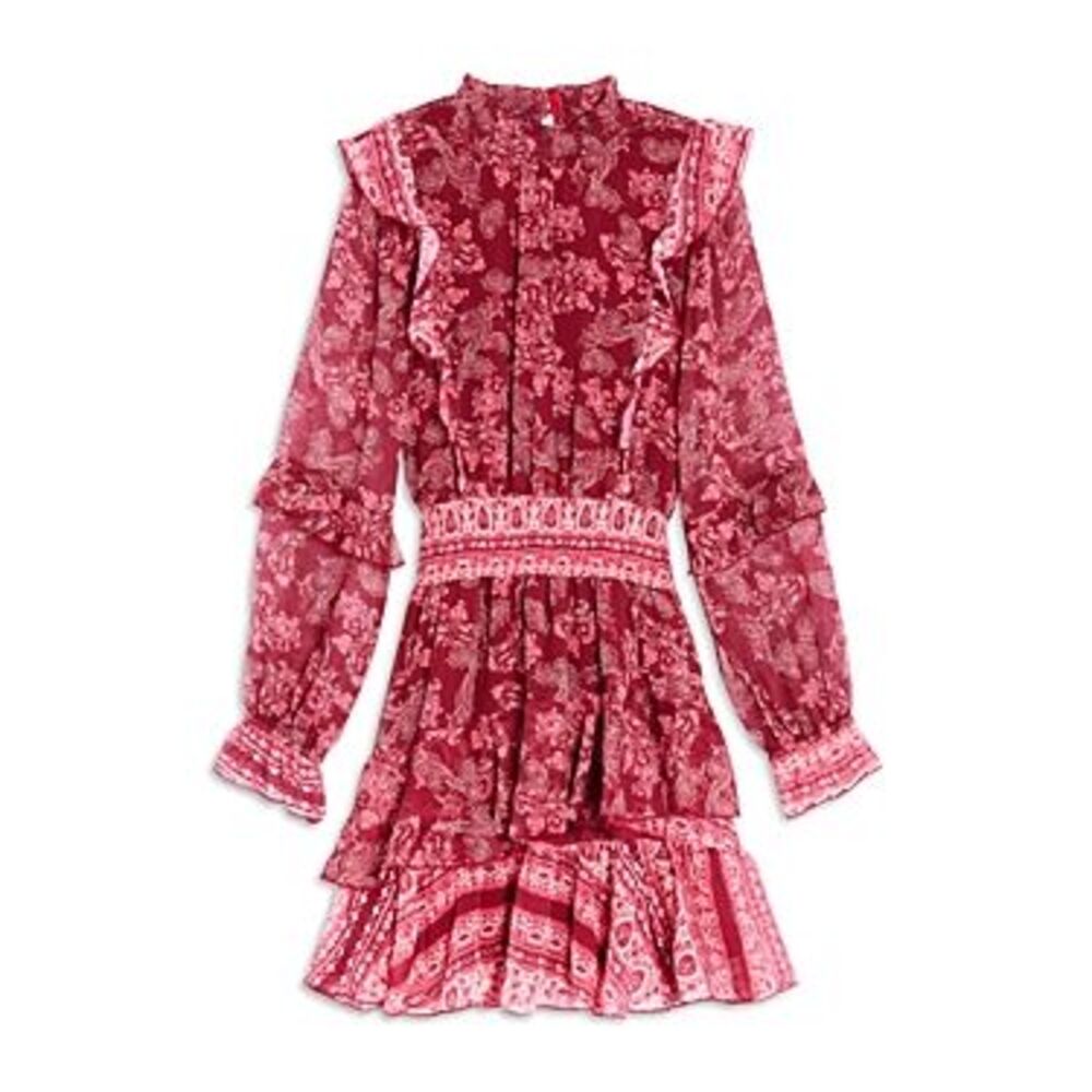 Aqua Girl Dark Pink Paisley Long Sleeve Ruffle Dress Size XS 6/6X